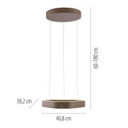 Moderne runde LED-Pendelleuchte in Bronze/Metalloptik mit zwei kreisförmigen Elementen, Abhängung 60–180 cm, Durchmesser ca. 40,8 cm, Produktansicht frontal von der Seite mit Maßangaben auf weißem Hintergrund