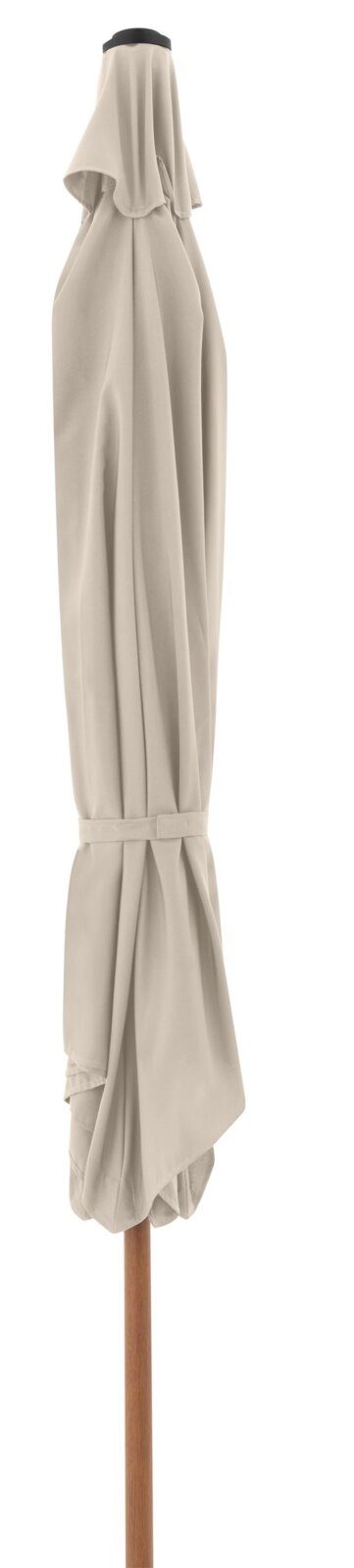 Doppler Kurbelschirm 6-tlg LIFE LIFT Geschlossener Sonnenschirm in Beige mit Schutzhülle und Holzmast, Seitenansicht (Profil) vor weißem Hintergrund