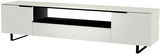 Modernes XL TV-Lowboard in Weiß mit schwarzem Regal, seitliche Perspektive