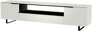 Modernes XL TV-Lowboard in Weiß mit schwarzem Regal, seitliche Perspektive
