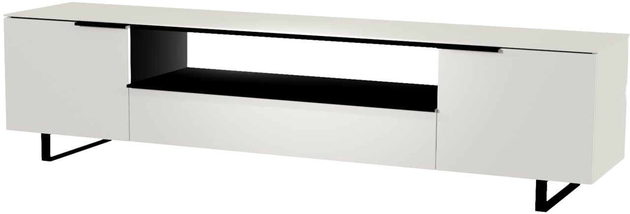 Modernes XL TV-Lowboard in Weiß mit schwarzem Regal, seitliche Perspektive