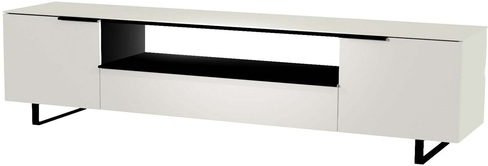 Modernes XL TV-Lowboard in Weiß mit schwarzem Regal, seitliche Perspektive