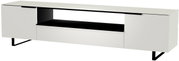 Modernes XL TV-Lowboard in Weiß mit schwarzem Regal, seitliche Perspektive