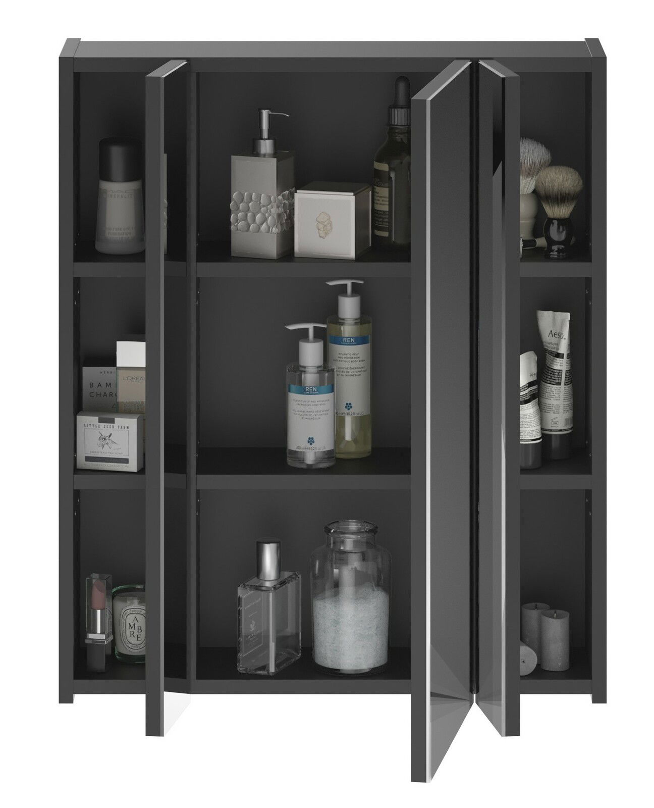 Moderner Spiegelschrank mit geöffneter Tür, gefüllt mit Pflegeprodukten und Accessoires, aus der Frontperspektive.