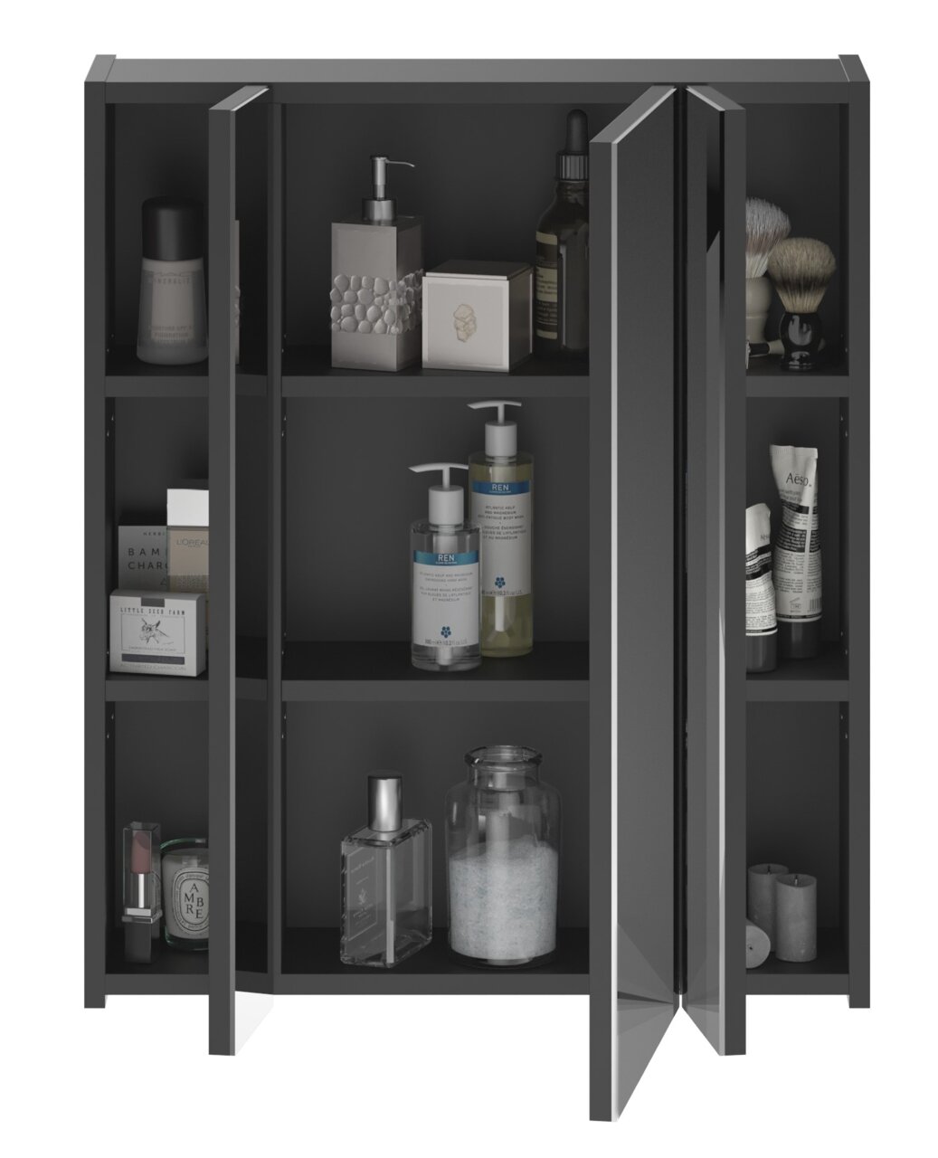 Moderner Spiegelschrank mit geöffneter Tür, gefüllt mit Pflegeprodukten und Accessoires, aus der Frontperspektive.