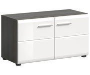 Moderne Sitzbank mit weißer Front und dunkler Holzoberfläche, seitliche Perspektive