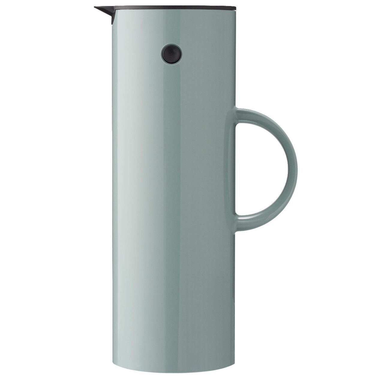 Stelton Thermoskan 1 liter Dusty Green Isolierkanne 1l in dusty green, Seitenansicht mit Griff und Ausgießer
