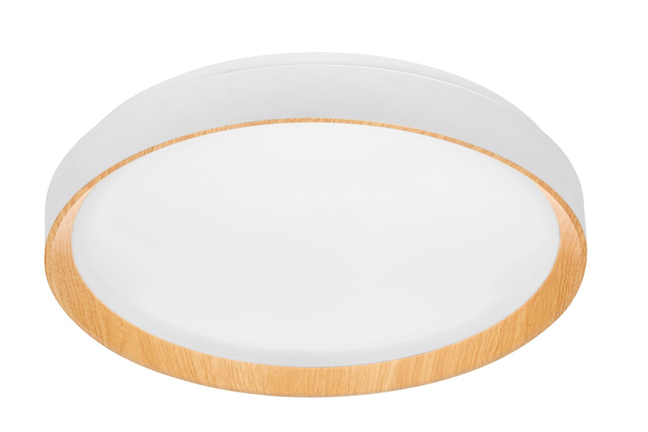 Runde LED-Deckenleuchte mit Holzrahmen, seitliche Perspektive