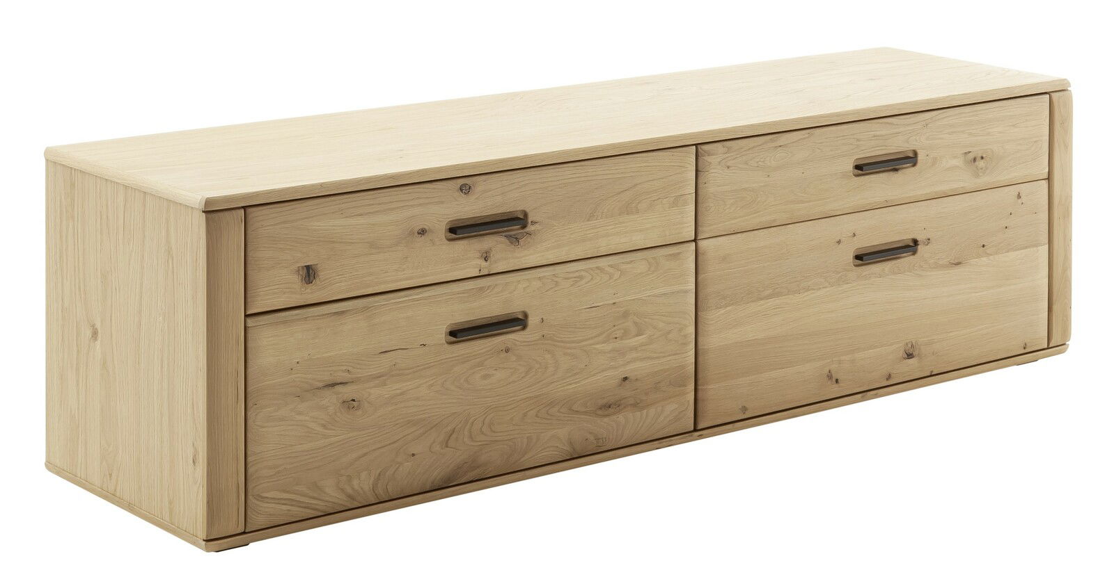 TV-Element aus hellem Holz mit vier Schubladen, seitliche Perspektive