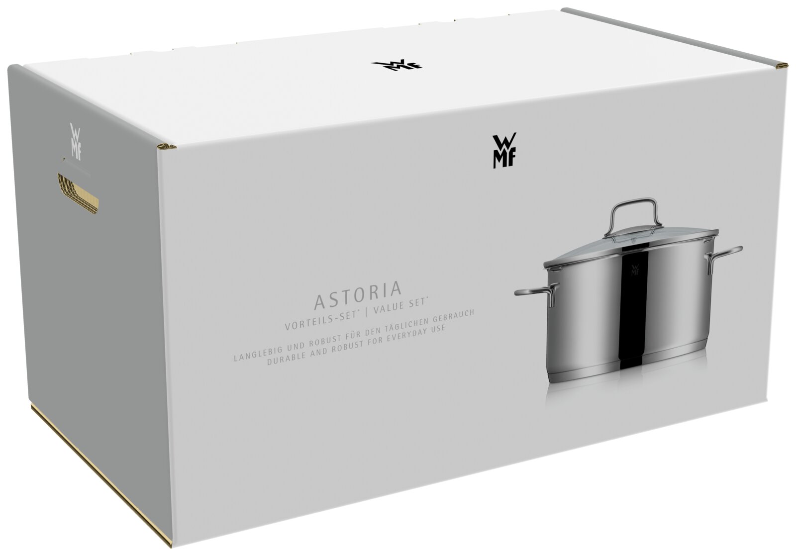 WMF Astoria voordeelset verpakking met afbeelding van een roestvrijstalen kookpan met deksel, schuin van voren (3/4-aanzicht)