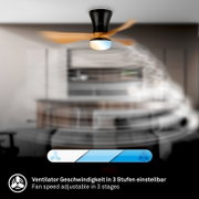 Deckenventilator mit integrierter LED-Leuchte, schwarzem Gehäuse und Holzflügeln in Bewegung, Ansicht von unten in einem Raum; Ventilatorgeschwindigkeit in 3 Stufen einstellbar