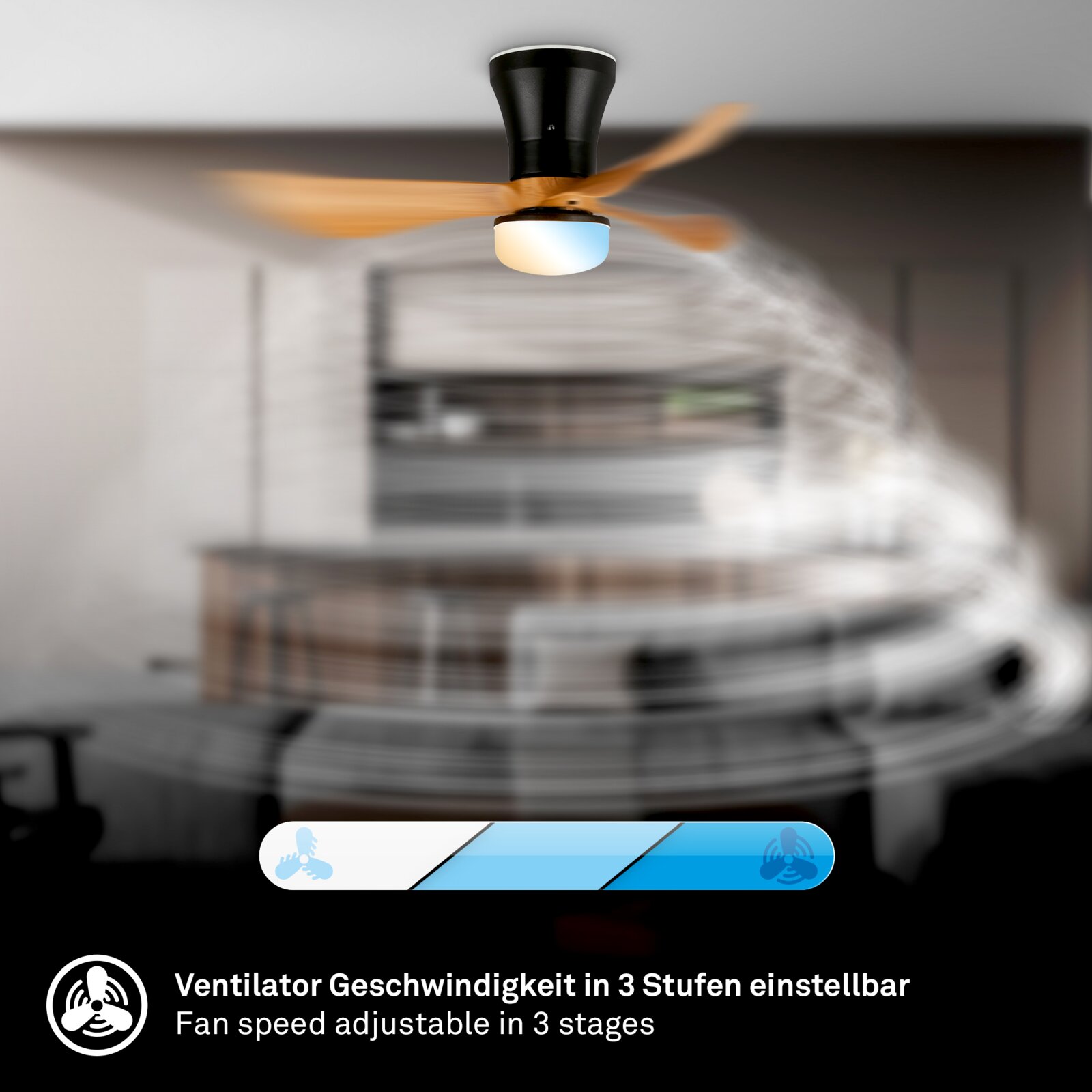 Deckenventilator mit integrierter LED-Leuchte, schwarzem Gehäuse und Holzflügeln in Bewegung, Ansicht von unten in einem Raum; Ventilatorgeschwindigkeit in 3 Stufen einstellbar