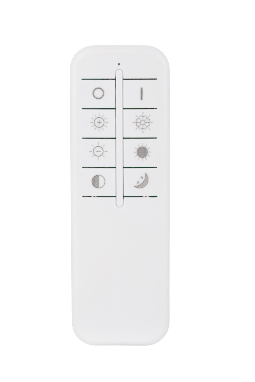Witte afstandsbediening met symbooltoetsen (aan/uit, zon, sneeuwvlok, maan) en een schuifregelaar in het midden, vooraanzicht van bovenaf