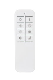 Witte afstandsbediening met symbooltoetsen (aan/uit, zon, sneeuwvlok, maan) en een schuifregelaar in het midden, vooraanzicht van bovenaf