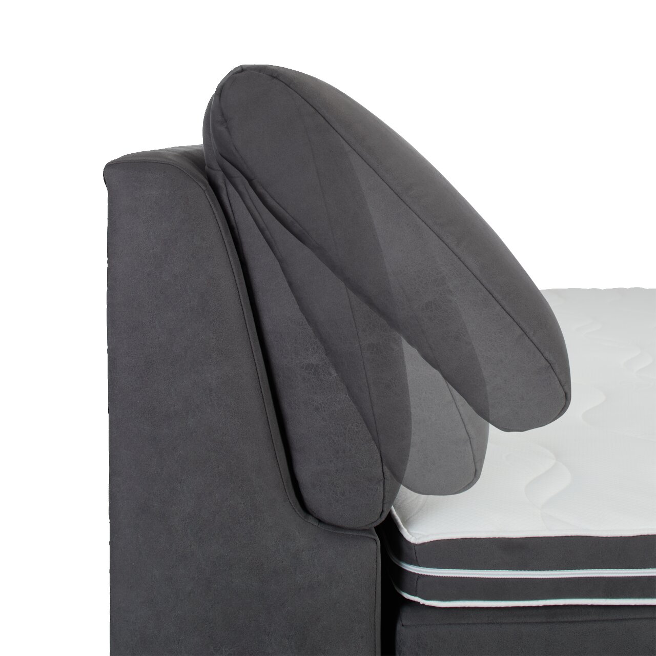 Seitliche Ansicht eines Boxspringbetts 180x200 H3/H3 mit verstellbarem Kopfteil in dunklem Stoffbezug.