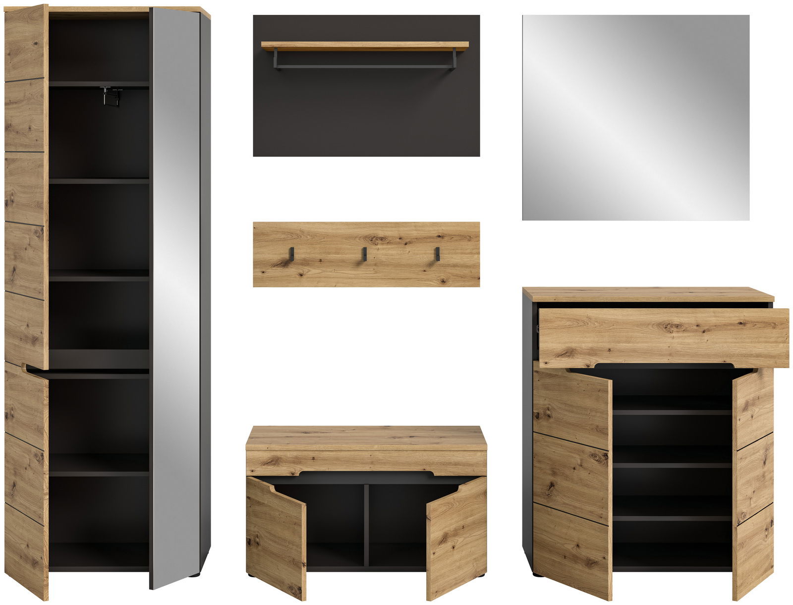 Garderobenkombination in Holzoptik mit Spiegel, bestehend aus einem hohen Schrank mit Spiegeltür, einer Kommode mit Schubladen, einem Wandregal, einer Hakenleiste und einem quadratischen Spiegel. Frontalansicht.