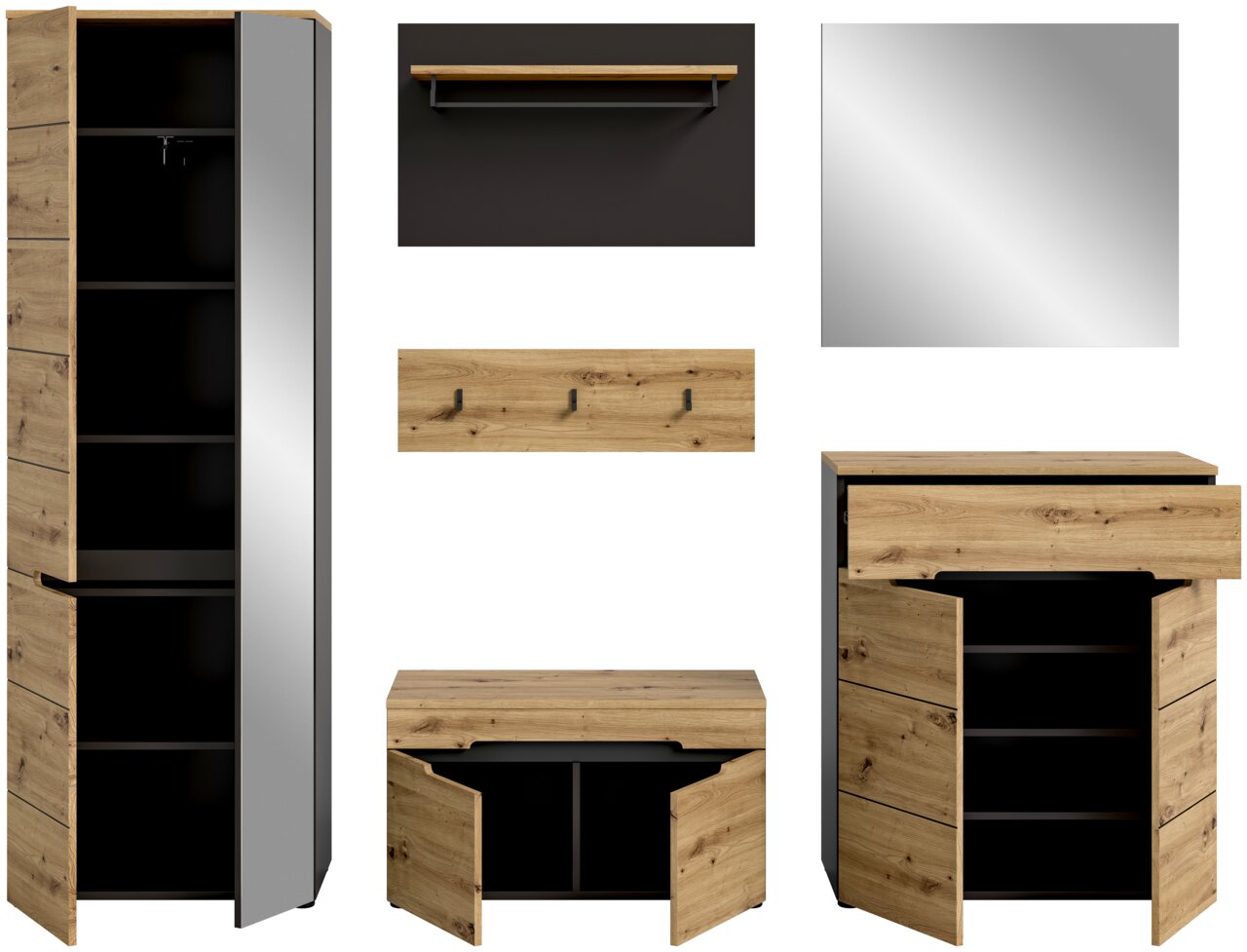 Garderobenkombination in Holzoptik mit Spiegel, bestehend aus einem hohen Schrank mit Spiegeltür, einer Kommode mit Schubladen, einem Wandregal, einer Hakenleiste und einem quadratischen Spiegel. Frontalansicht.