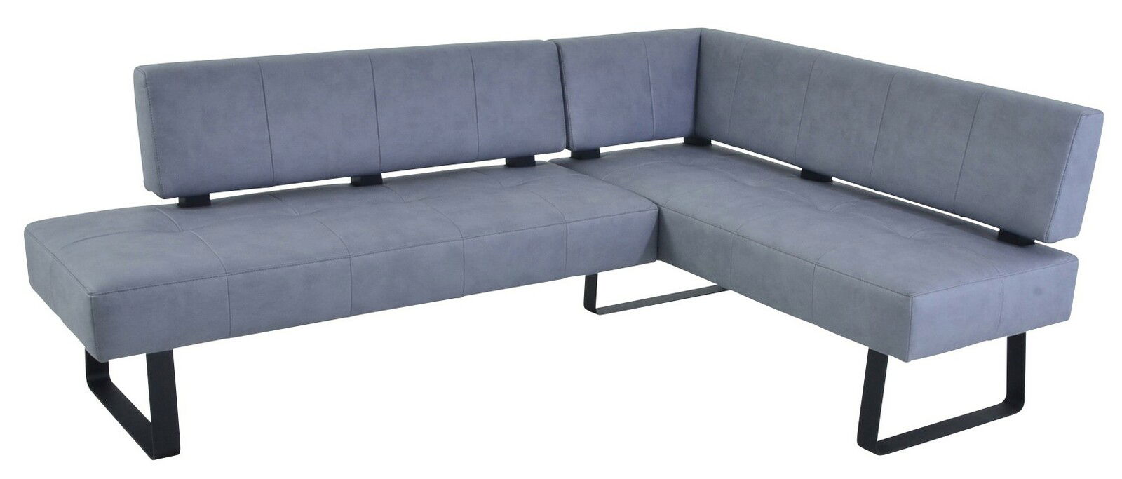 Graue Eckbank mit modernem Design und schwarzen Metallbeinen, seitliche Perspektive.