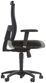 Seitliche Ansicht eines schwarzen Drehstuhls mit Armlehnen und verstellbarer Rückenlehne.