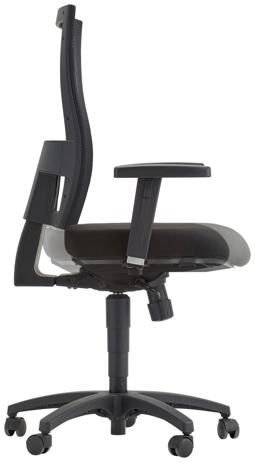 Seitliche Ansicht eines schwarzen Drehstuhls mit Armlehnen und verstellbarer Rückenlehne.