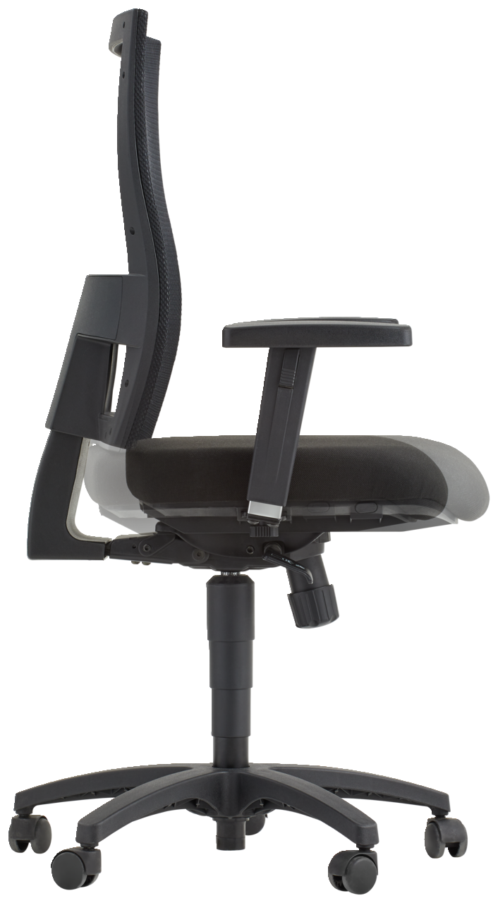 Seitliche Ansicht eines schwarzen Drehstuhls mit Armlehnen und verstellbarer Rückenlehne.