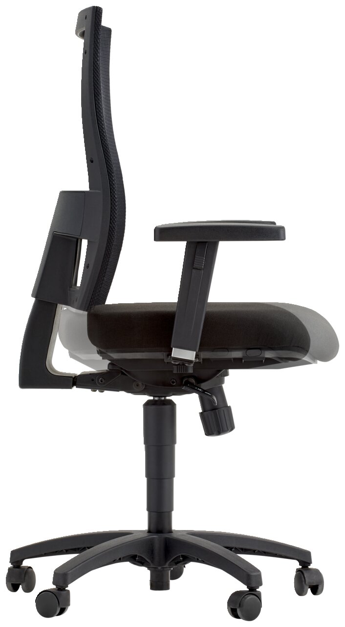 Seitliche Ansicht eines schwarzen Drehstuhls mit Armlehnen und verstellbarer Rückenlehne.