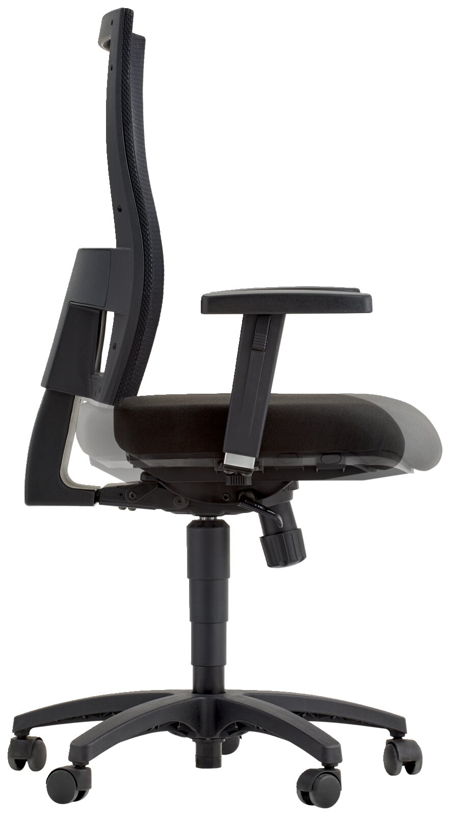 Seitliche Ansicht eines schwarzen Drehstuhls mit Armlehnen und verstellbarer Rückenlehne.