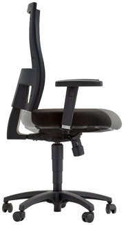 Seitliche Ansicht eines schwarzen Drehstuhls mit Armlehnen und verstellbarer Rückenlehne.