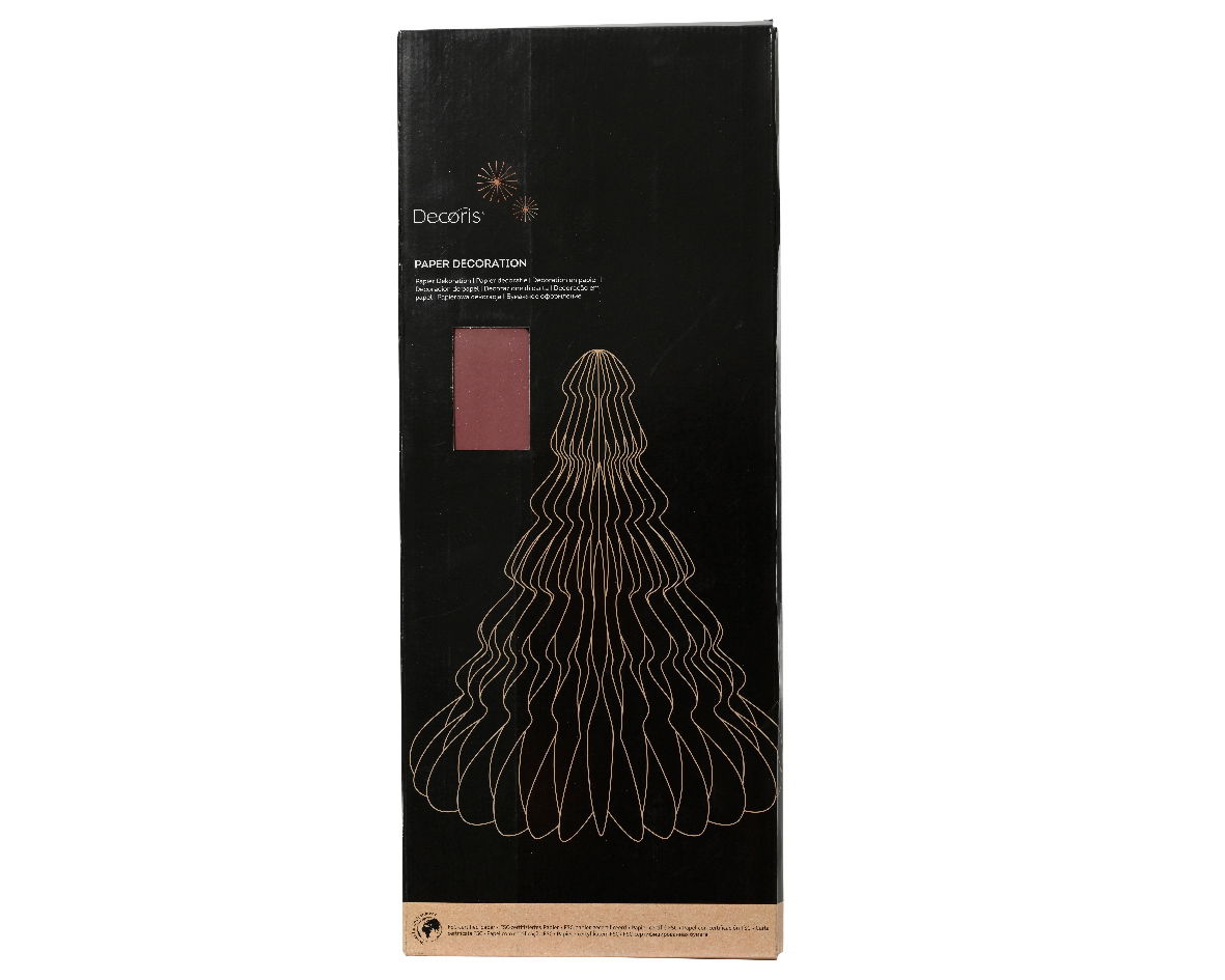 Verpackung einer Papierdekoration in Form eines Baumes, frontal abgebildet, mit FSC 100% Zertifizierung.