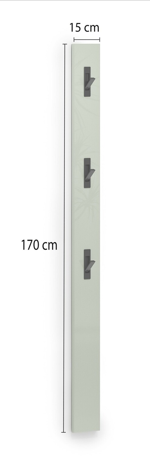 Garderobenleiste mit drei Haken, 170 cm hoch und 15 cm breit, seitliche Perspektive
