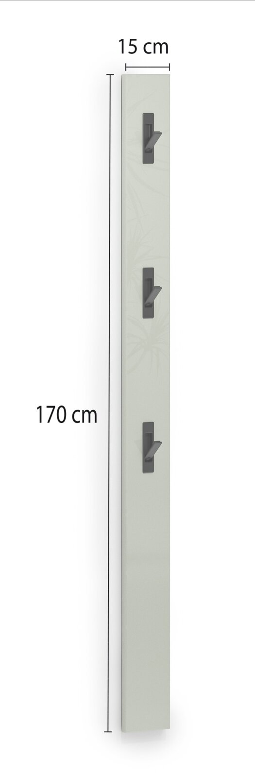 Garderobenleiste mit drei Haken, 170 cm hoch und 15 cm breit, seitliche Perspektive
