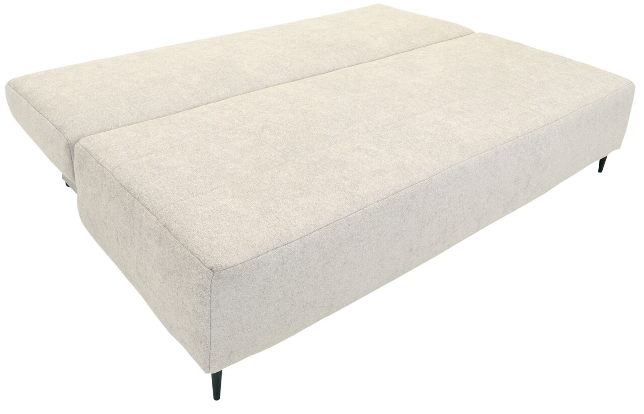 Beige Funktionssofa in flacher Liegeposition, seitliche Perspektive