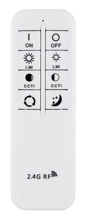 Fernbedienung für Deckenleuchte, Vorderansicht mit Tasten für Ein/Aus, Helligkeit und Farbtemperatur, 2.4G RF Technologie.