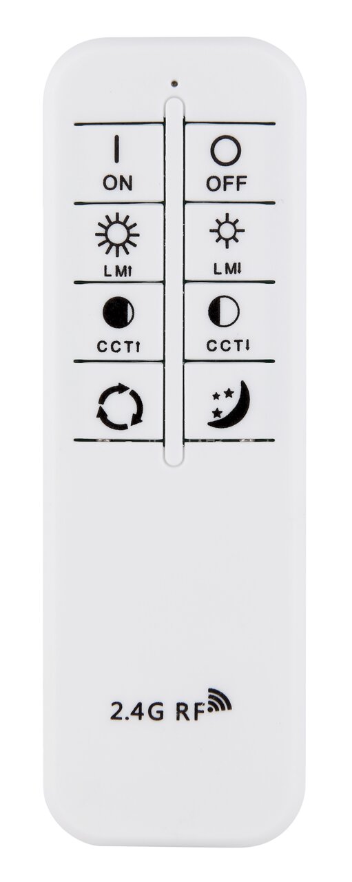 Fernbedienung für Deckenleuchte, Vorderansicht mit Tasten für Ein/Aus, Helligkeit und Farbtemperatur, 2.4G RF Technologie.