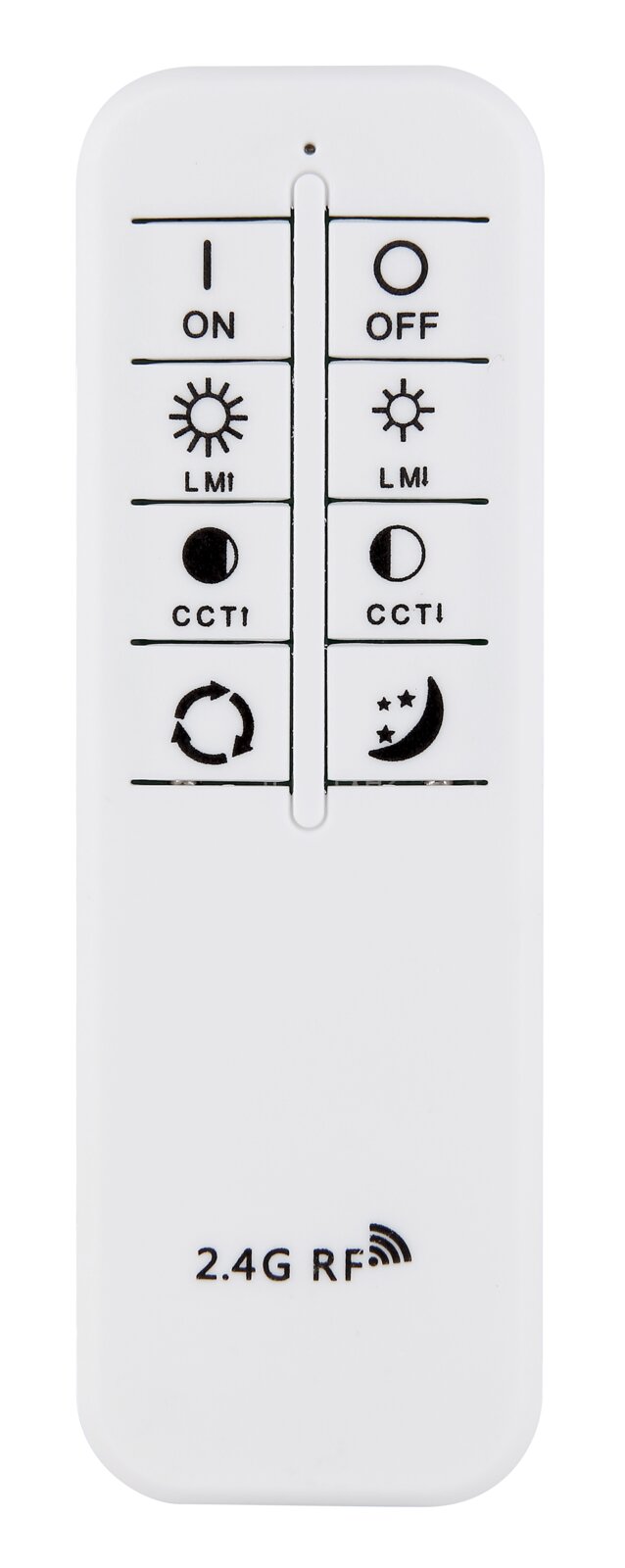 Fernbedienung für Deckenleuchte, Vorderansicht mit Tasten für Ein/Aus, Helligkeit und Farbtemperatur, 2.4G RF Technologie.