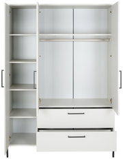Weißer Kleiderschrank mit offenen Türen, Regalböden links, Kleiderstange und Schubladen unten, Frontalansicht
