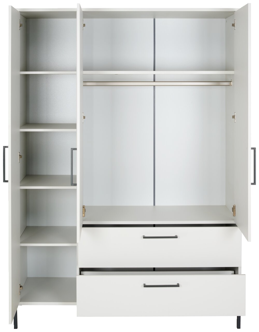 Weißer Kleiderschrank mit offenen Türen, Regalböden links, Kleiderstange und Schubladen unten, Frontalansicht