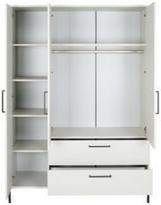 Weißer Kleiderschrank mit offenen Türen, Regalböden links, Kleiderstange und Schubladen unten, Frontalansicht