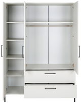 Weißer Kleiderschrank mit offenen Türen, Regalböden links, Kleiderstange und Schubladen unten, Frontalansicht