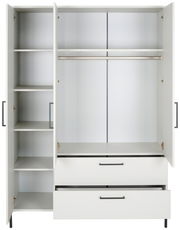 Weißer Kleiderschrank mit offenen Türen, Regalböden links, Kleiderstange und Schubladen unten, Frontalansicht