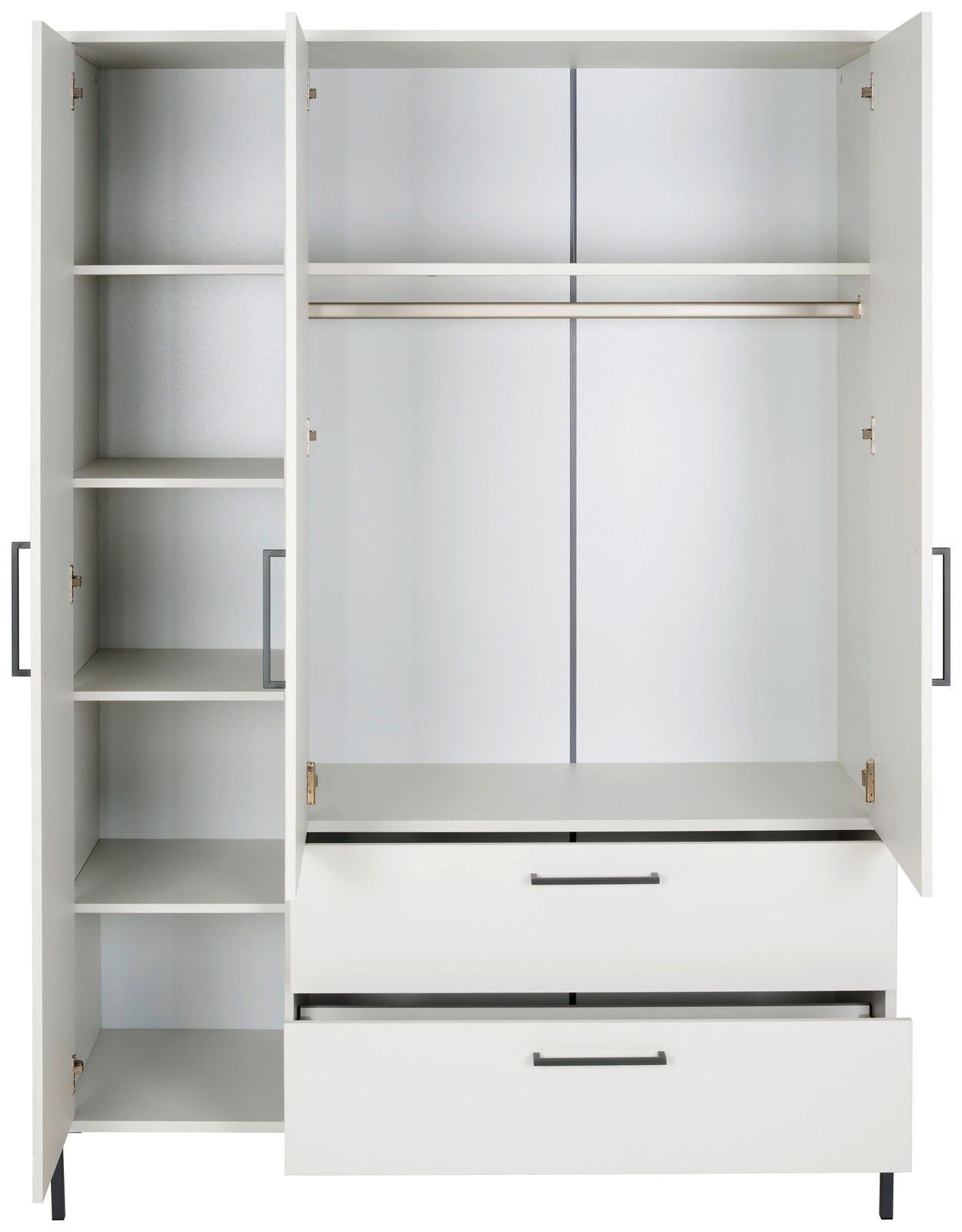 Weißer Kleiderschrank mit offenen Türen, Regalböden links, Kleiderstange und Schubladen unten, Frontalansicht
