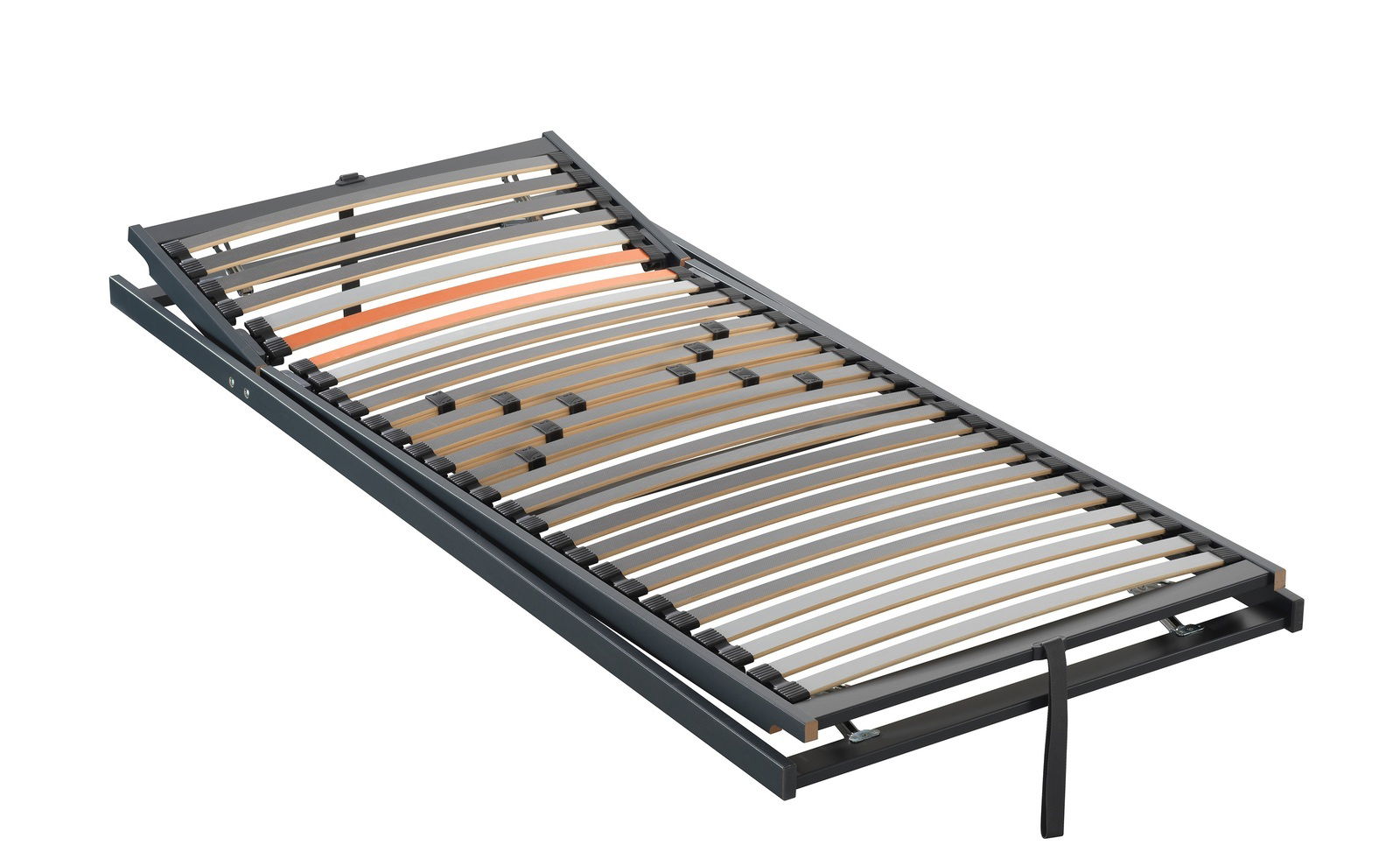 Federholzrahmen Basic KF in schräger Perspektive, verstellbar mit mehreren Holzlatten und stabiler Rahmenkonstruktion.