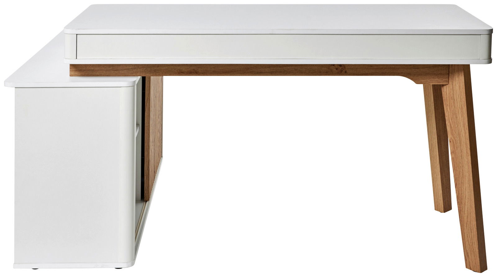 Seitenansicht eines modernen Eck-Schreibtisches mit weißer Oberfläche und Holzbeinen.