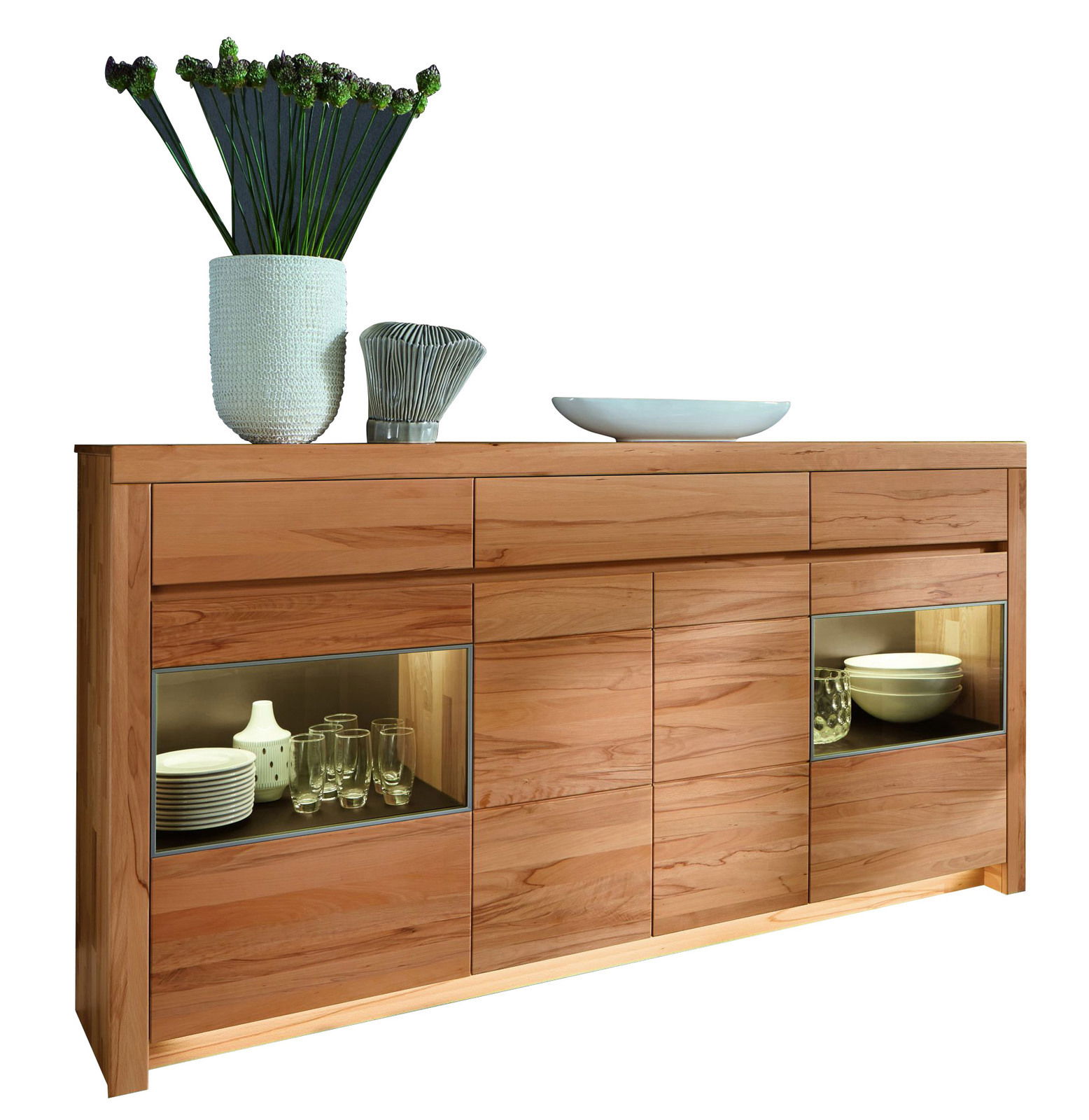 Hochwertiges Highboard aus Holz mit Glasvitrinen, dekoriert mit Vasen und Geschirr, seitliche Perspektive