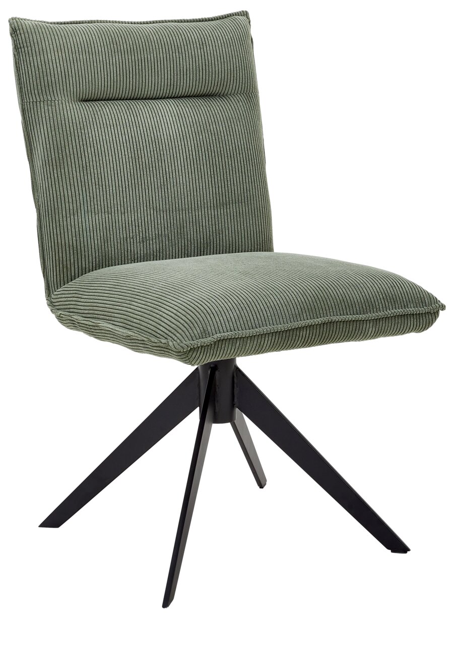 Johann Jakob Stuhl CALAS Moderner grüner Stuhl mit geripptem Stoffbezug und schwarzem Metallgestell, seitliche Perspektive