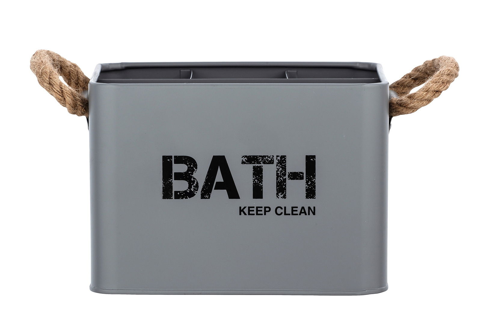 Graue Badbox Gara mit vier Aufteilungen, Vorderansicht, mit Seilgriffen und der Aufschrift 'BATH KEEP CLEAN'.