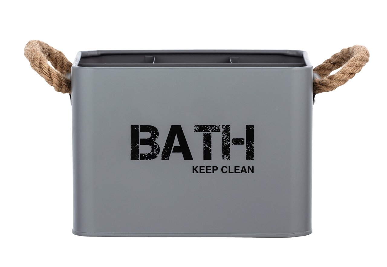 Wenko Badbox mit 4 Aufteilungen GARA Graue Badbox Gara mit vier Aufteilungen, Vorderansicht, mit Seilgriffen und der Aufschrift 'BATH KEEP CLEAN'.