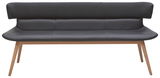 Moderne Bank mit schwarzem Polster und Holzbeinen, Frontalansicht