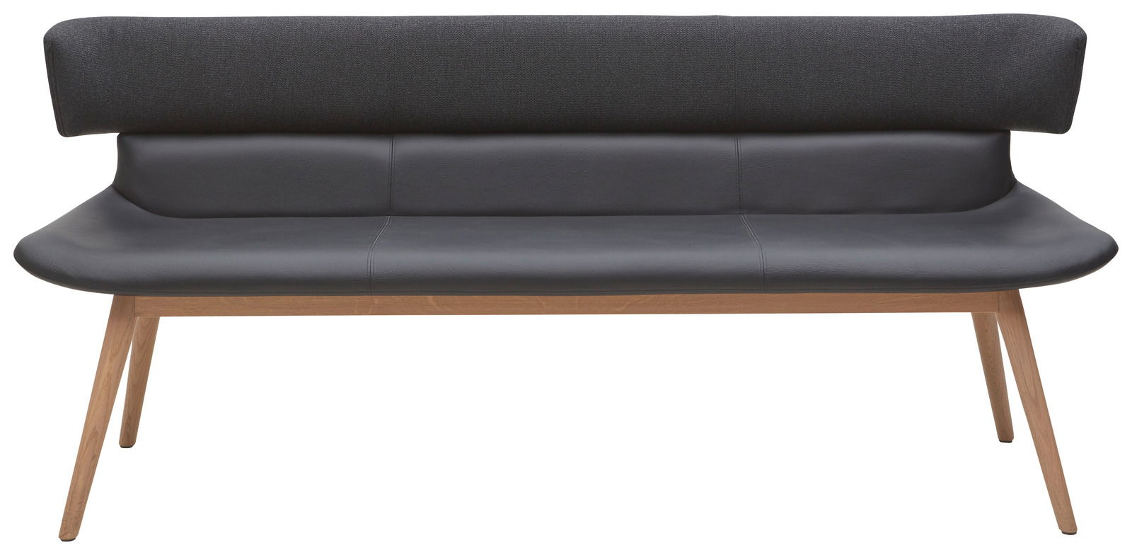 Moderne Bank mit schwarzem Polster und Holzbeinen, Frontalansicht