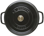 Schwarzer runder Bräter Cocotte 24cm von oben mit zwei Griffen und einem goldenen Knauf